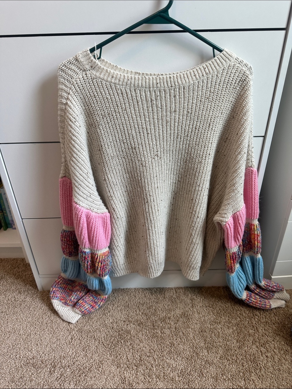 Cozy Colorblock Balloon Sleeve Sweater - Cream with Pink & Blue Accents